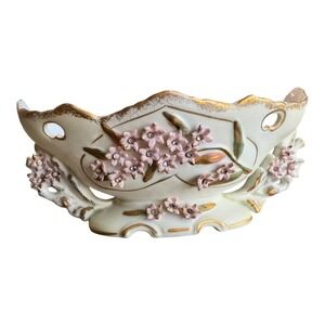 Vintage Floral Basket Bowl Pedestal Planter‎ Gold Trim Accent Decor Coquette